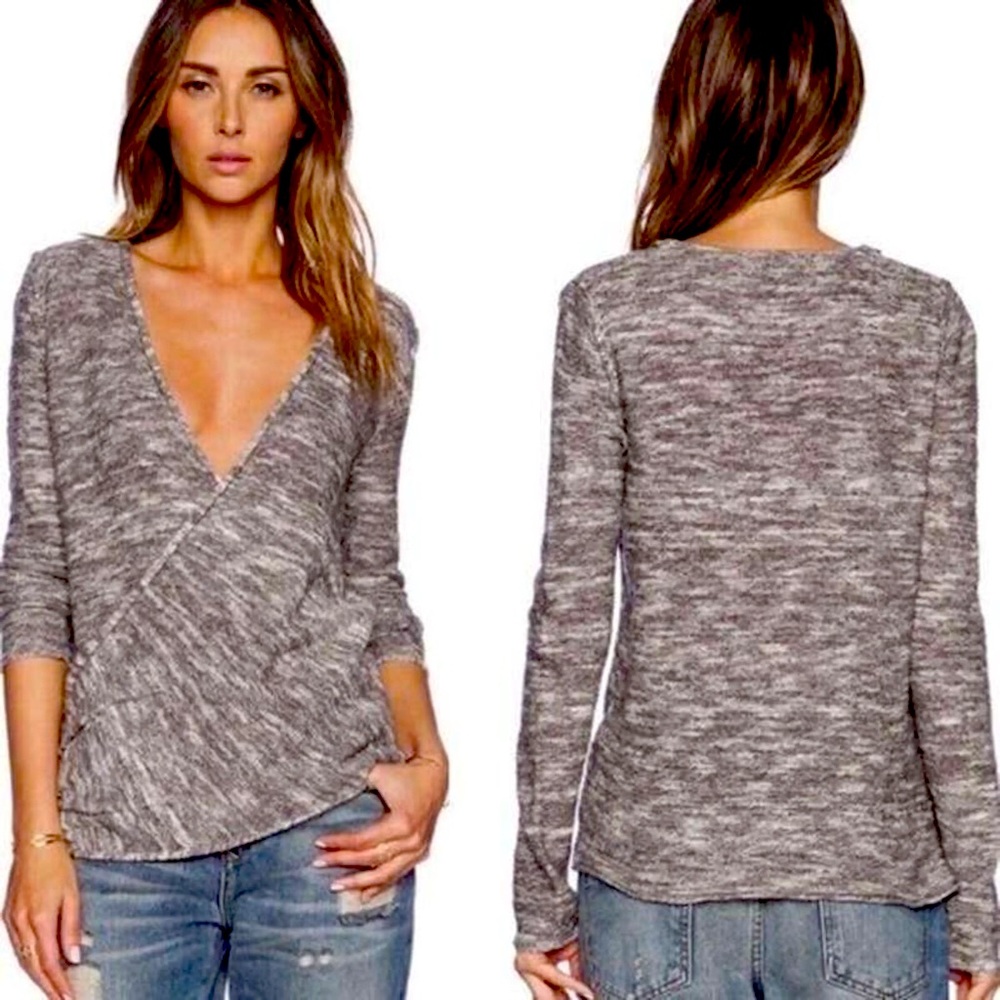 Free People Women’s Sz Large Heather Gray Wrap V-Neck Sweater Linen Blend Knit